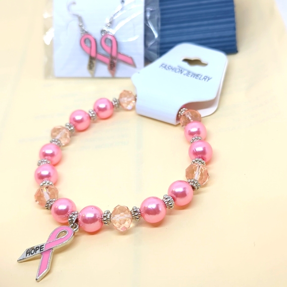 Breast Cancer HOPE Pink RIBBON Bracelet & Matching Earrings French Wires 3 PCS - Picture 12 of 12